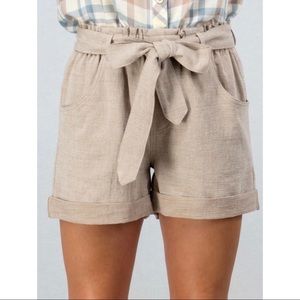 Taupe High Rise Paper Bag linen texture Shorts